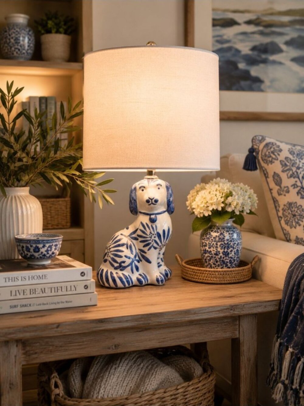 New Blue & White Ceramic Dog Chinoiseriw Coastal Home Office Room Decor Lamp